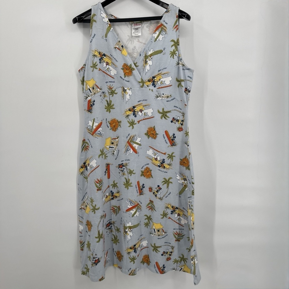 Vintage Disney Shopping Tropical Mickey & Friends Dress XL–Blue Hula Surfing Y2K